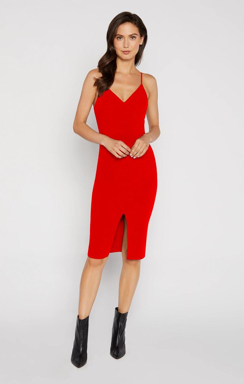 Likely Brooklyn Red Strappy V-neck Fitted Classic Party Event Midi Dress 10